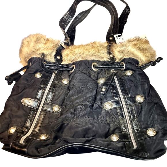 NOS Stella & Max Double Handle Faux Fur Trim Drawstring Bucket Bag Purse Black - Picture 5 of 9